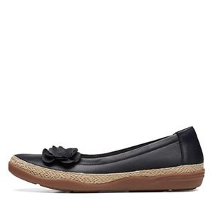 Clarks Women's Elaina Jade Black Leather Flower Comfort Shoe Flats 9 M New S0008